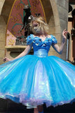 Cap Sleeve Ball Gown Blue Cinderella Dress Organza Birthday HZ0307