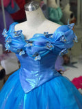 Cap Sleeve Ball Gown Blue Cinderella Dress Organza Birthday HZ0307