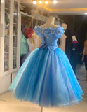 Cap Sleeve Ball Gown Blue Cinderella Dress Organza Birthday HZ0307