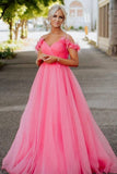LTP0839,Pink evening dress off the shoulder prom dress 3D floral pleated prom dresses long formal HZ0307
