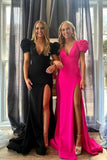 Short Sleeves Hot Pink V Neck Mermaid Long Formal HZ0307