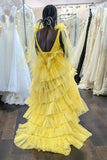Tie Shoulders Yellow Tulle Ruffle Long Party HZ0307