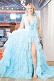 Tie Shoulders Yellow Tulle Ruffle Long Party HZ0307