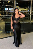 Strapless Black Sheer Appliques Fitted Long Evening HZ0307