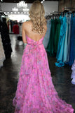 Fuchsia Floral Strapless V Neck Tulle Long Formal HZ0307