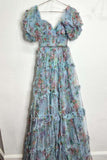 Short Pufff Sleeves Floral Ruffle A-line Prom HZ0307