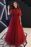 Burgundy Lace Beaded Prom Dress - Mid Sleeve Tulle Formal HZ0307
