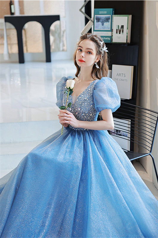 Beaded Blue A-line Short Sleeves Long Formal HZ0307