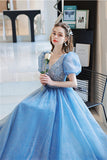 Beaded Blue A-line Short Sleeves Long Formal HZ0307