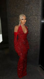 Black Girl Red Halter Sequin Mermaid Prom Dresses V-Neck Full Length Ball HZ0307