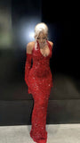 Black Girl Red Halter Sequin Mermaid Prom Dresses V-Neck Full Length Ball HZ0307
