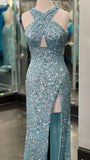 Black Sequin Mermaid Prom Dress With Slit, HZ0307