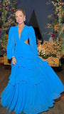 Blue Chiffon Long Sleeves Prom Dress With Open Back, HZ0307