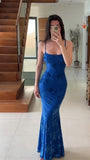 Blue Floral Mermaid Prom Dresses Spaghetti Straps Long Evening Party HZ0307