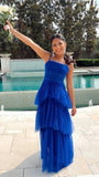 Blue Prom Dresses, Tulle Evening Dress, Ruffle Senior Prom HZ0307