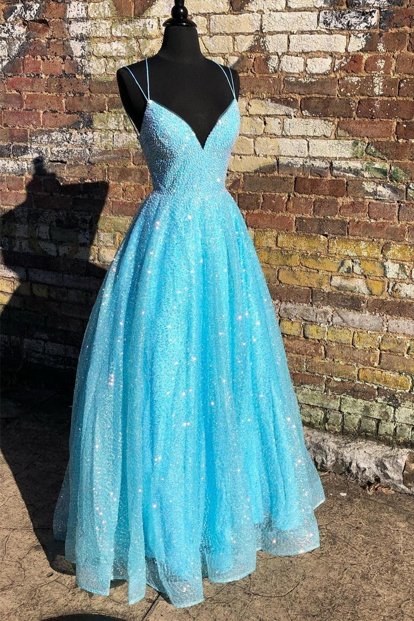 Blue Shiny A-line Long Formal Dress with Lace Up HZ0307