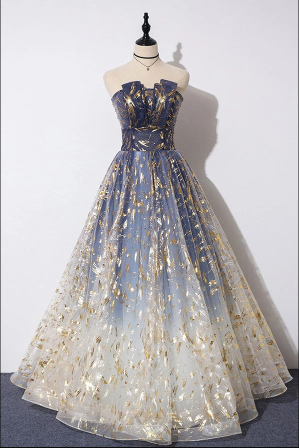 Blue Ombre Strapless Prom Dress - A-Line Tulle Evening HZ0307