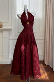 Burgundy Halter Lace Party Dresses Slim Middle Long Prom HZ0307