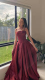 Burgundy Strapless A-line Senior Prom Dress Sleeveless Graduation Party HZ0307