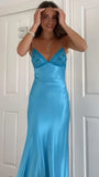 Charming Blue Sheath Prom Dresses Spaghetti Straps Beaded Party HZ0307