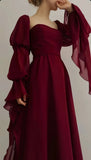 Classic Burgundy Chiffon Prom Dresses Square Neck Evening Party HZ0307