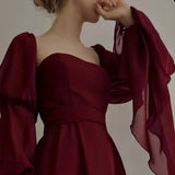 Classic Burgundy Chiffon Prom Dresses Square Neck Evening Party HZ0307