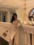 Classy Mermaid Long Sleeves Ivory Slit Prom Dresses Birthday Outfits Evening Gown, HZ0307