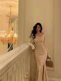 Classy Mermaid Long Sleeves Ivory Slit Prom Dresses Birthday Outfits Evening Gown, HZ0307