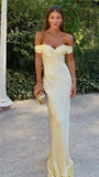 Classy Mermaid Off The Shoulder Yellow Satin Long Evening Dress Prom Dresses , HZ0307