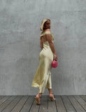 Classy Mermaid Off The Shoulder Yellow Satin Long Evening Dress Prom Dresses , HZ0307