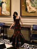 Classy Sheath Straps Black Floral Prom Dresses Birthday Outfits Evening Gown , HZ0307
