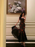 Classy Sheath Straps Black Floral Prom Dresses Birthday Outfits Evening Gown , HZ0307