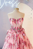Pink Strapless Floral Print Ruffle Prom Dress with HZ0307