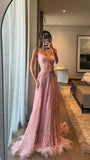 Elegant Pink A-line Prom Dresses Feather Pleated Evening Party HZ0307