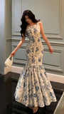Fashion Floral Blue White Mermaid Prom Dresses Sleeveless Evening Party HZ0307