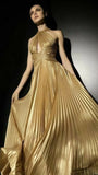Gold Pleated Halter Prom Dresses, Beaded A-Line Evening Formal Gown, HZ0307