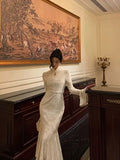 Gorgeous Mermaid High Neckline Ivory Satin Date Night Dress Prom Dresses Birthday Outfits , HZ0307