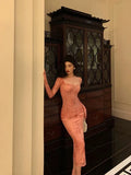 Gorgeous Sheath Square Neckline Long Sleeves Pink Lace Date Night Dress Long Prom Dresses Birthday Outfits, HZ0307