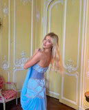 Luxury Baby Blue Pearl Chiffon Prom Dress, Princess Birthday Dress, HZ0307