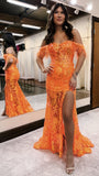 Luxury Orange Mermaid Lace Sequined Prom Dresses Feather Split Evening Formal Dress With Detachable HZ0307