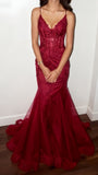 Modest Mermaid Spaghetti Straps Burgundy Sequin Formal Gown 23Rd Birthday Dress Prom Dresses 20Th Birthday HZ0307