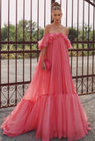 Off The Shoulder Pink Chiffon Party Dress, Puffy Senior Prom Dress, HZ0307