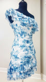 One Shoulder White Blue Floral Homecoming Dress, Back To School HZ0307