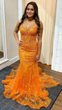 Orange Mermaid Senior Prom Dress With Appliques Lace, HZ0307