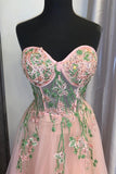 Peach Tulle Sweetheart Floral Embroidery Long Prom HZ0307