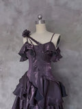Pretty Irregular Ruffled Spaghetti Straps Grape Prom Dresses With Detachable Rose Long Birthday Dress For Women, HZ0307