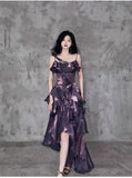 Pretty Irregular Ruffled Spaghetti Straps Grape Prom Dresses With Detachable Rose Long Birthday Dress For Women, HZ0307
