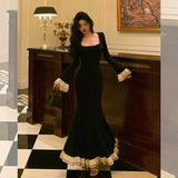 Pretty Mermaid Square Neckline Black Prom Dresses Birthday Outfits Evening Gowns , HZ0307
