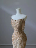 Pretty Mermaid Strapless Gold Sequin Beads Long Prom Dresses Formal Evening Dress, HZ0307