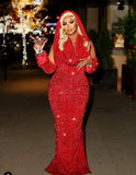 Pretty Sheath V Neckline Red Sequin Long Prom Dresses Formal Evening Dress , HZ0307